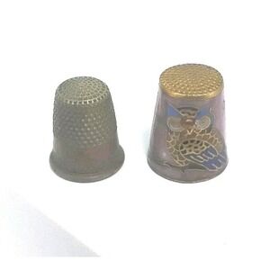 Lot‎ of 2 Vintage Metal Thimbles One Owl Cloisonne One Traditional